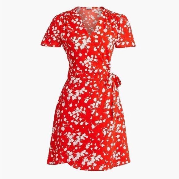 J. CREW Short Sleeve Floral Print Wrap Dress Red/Orange Women’s Size 2 - Picture 1 of 8